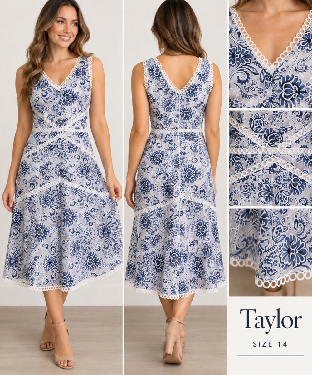 Taylor Dress Women 14 Navy White Floral Lace Fit Flare V Neck